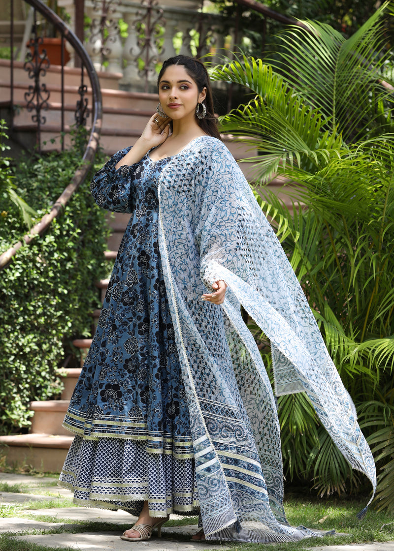 Neerja  Printed Blue Layered Dress with Dupatta