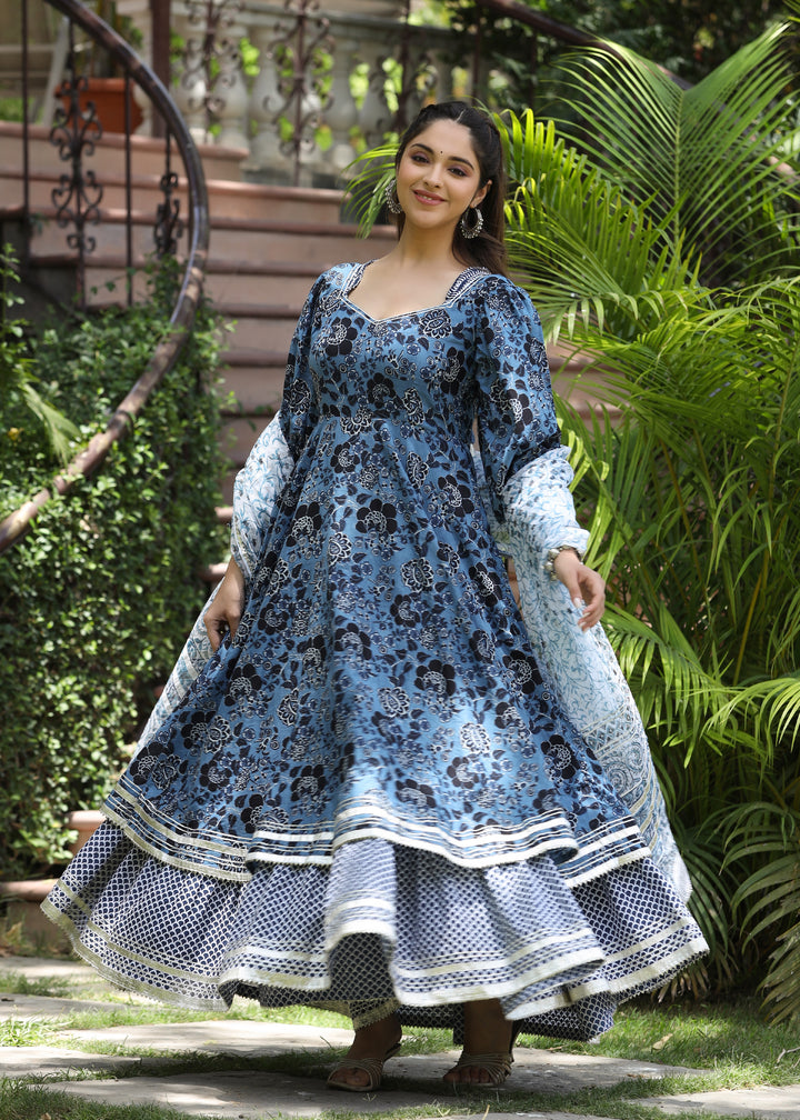 Neerja  Printed Blue Layered Dress with Dupatta