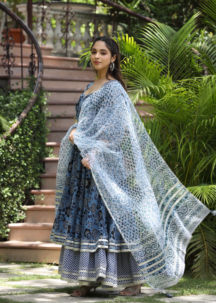 Neerja  Printed Blue Layered Dress with Dupatta