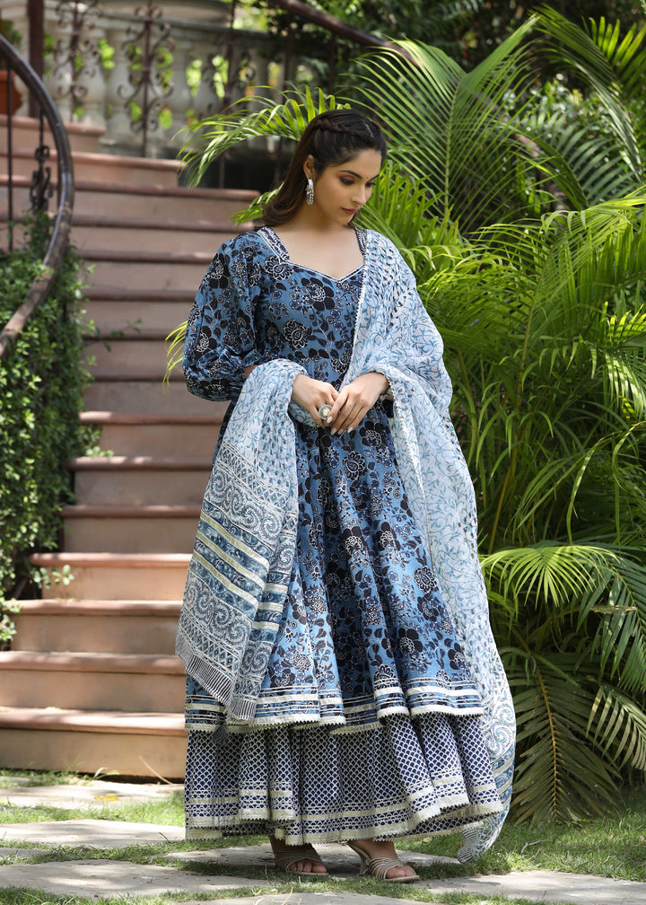 Neerja  Printed Blue Layered Dress with Dupatta