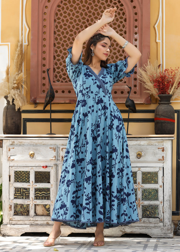 Nilaksh Printed Blue Angrakha Puff Sleeves Dress