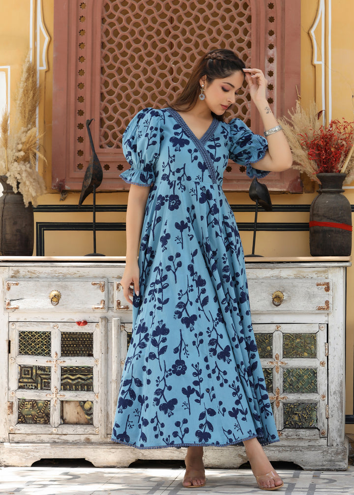 Nilaksh Printed Blue Angrakha Puff Sleeves Dress