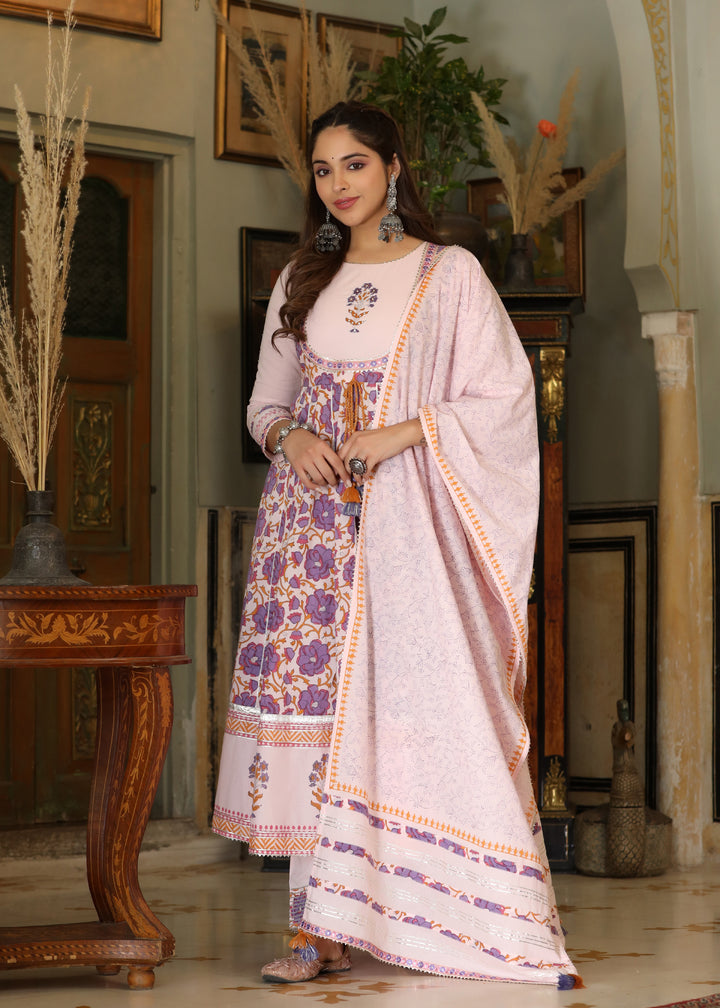 Mehak Block Printed Purple Anarkali Kurta With pant & Dupatta