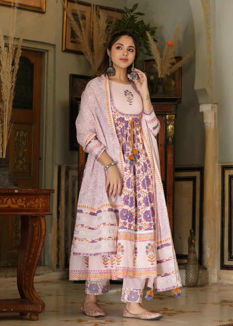 Mehak Block Printed Purple Anarkali Kurta With pant & Dupatta