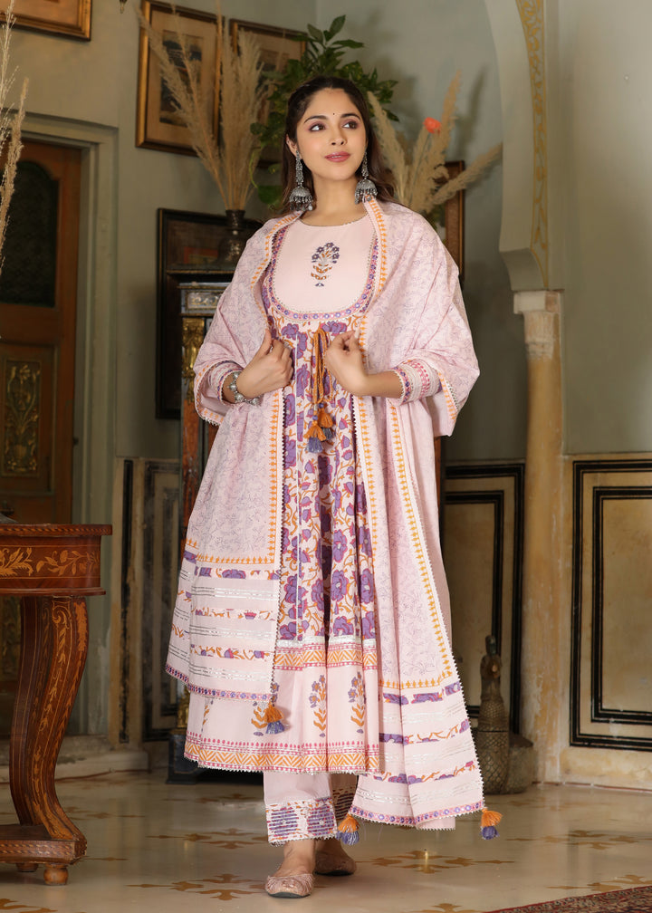 Mehak Block Printed Purple Anarkali Kurta With pant & Dupatta