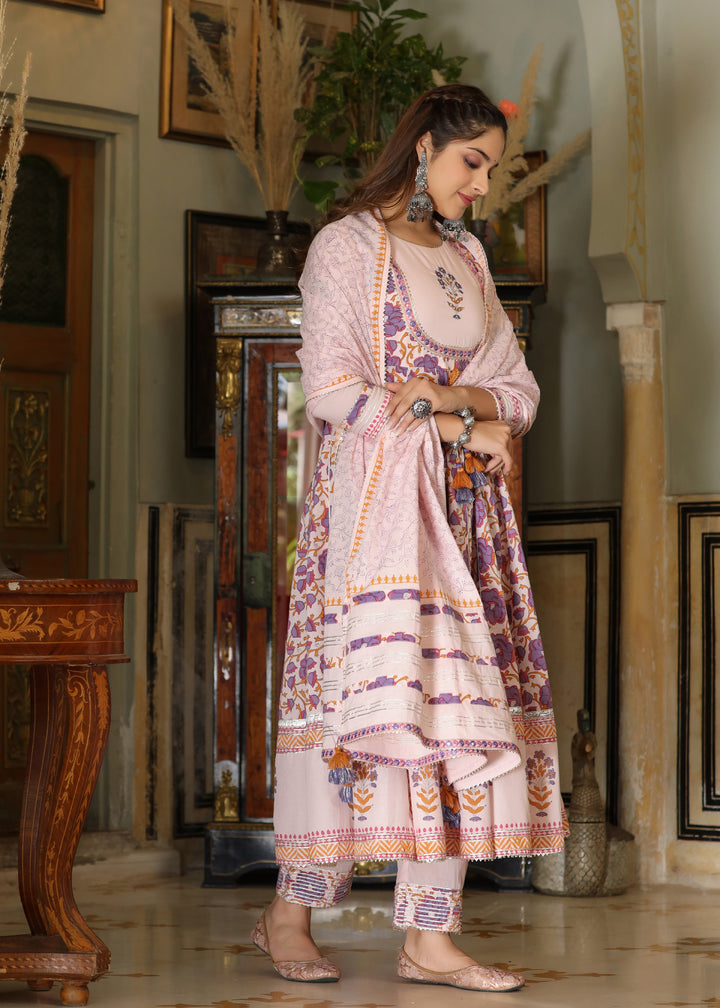 Mehak Block Printed Purple Anarkali Kurta With pant & Dupatta