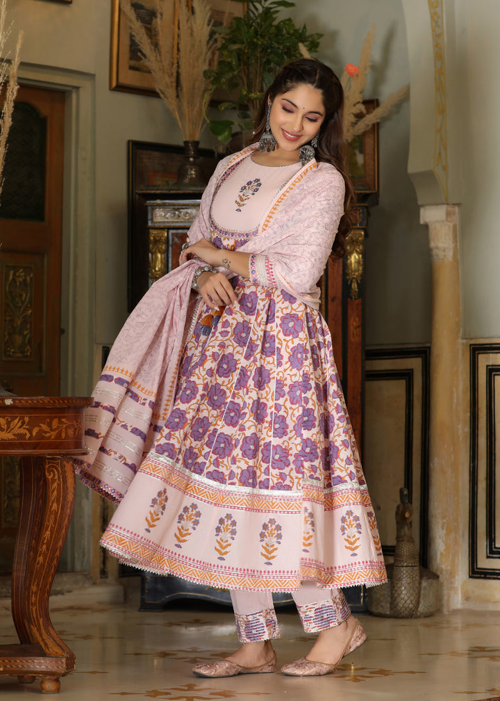 Mehak Block Printed Purple Anarkali Kurta With pant & Dupatta