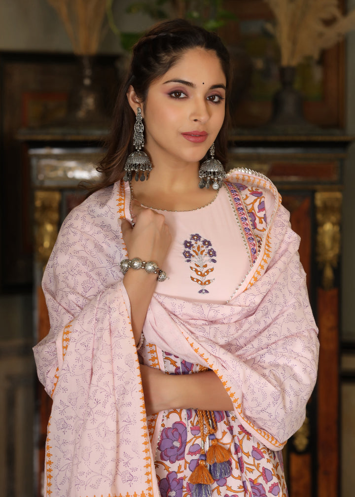 Mehak Block Printed Purple Anarkali Kurta With pant & Dupatta