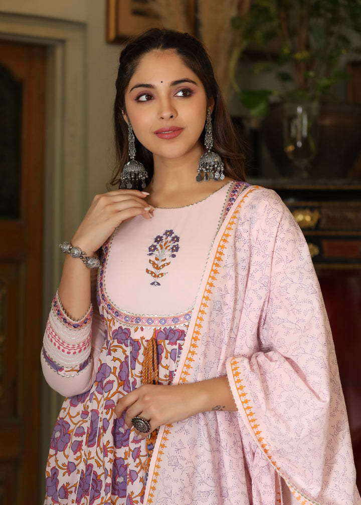 Mehak Block Printed Purple Anarkali Kurta With pant & Dupatta