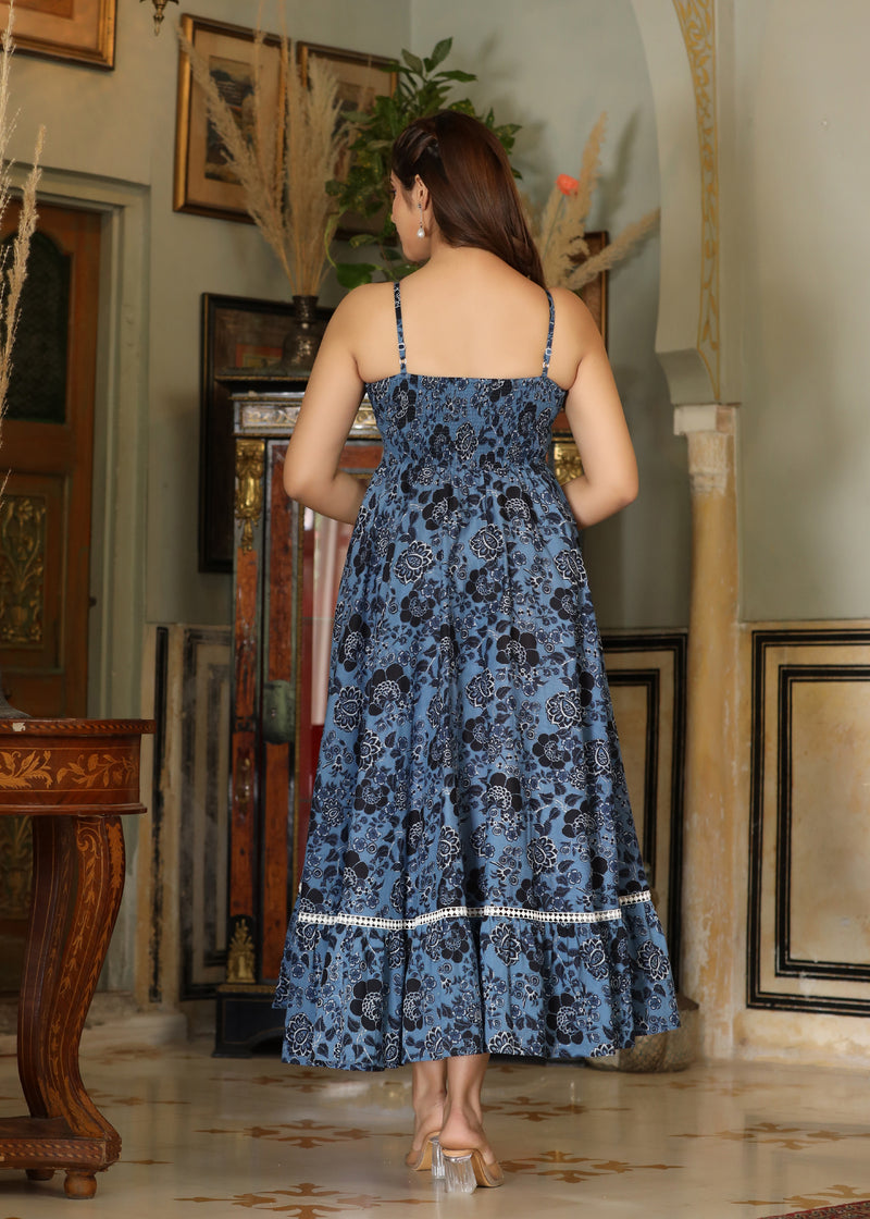 Nivi Printed Blue Sleeveless Flared  Dress