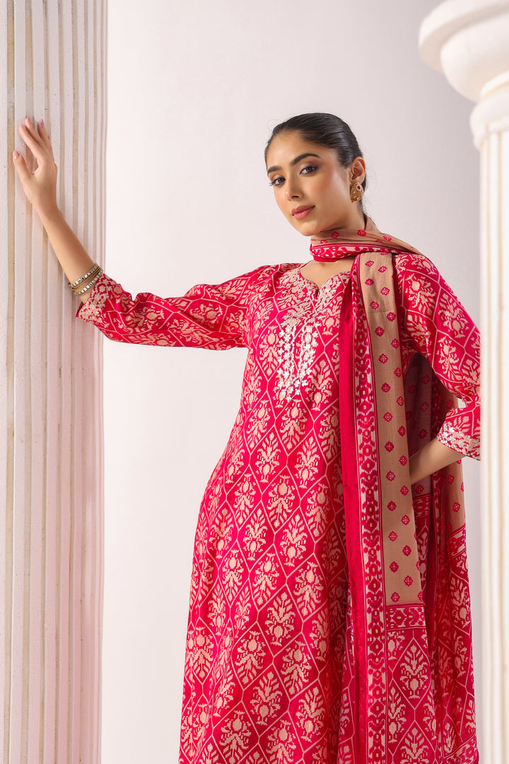 Samaira Pink Modal Chanderi 3 Piece Suit Set