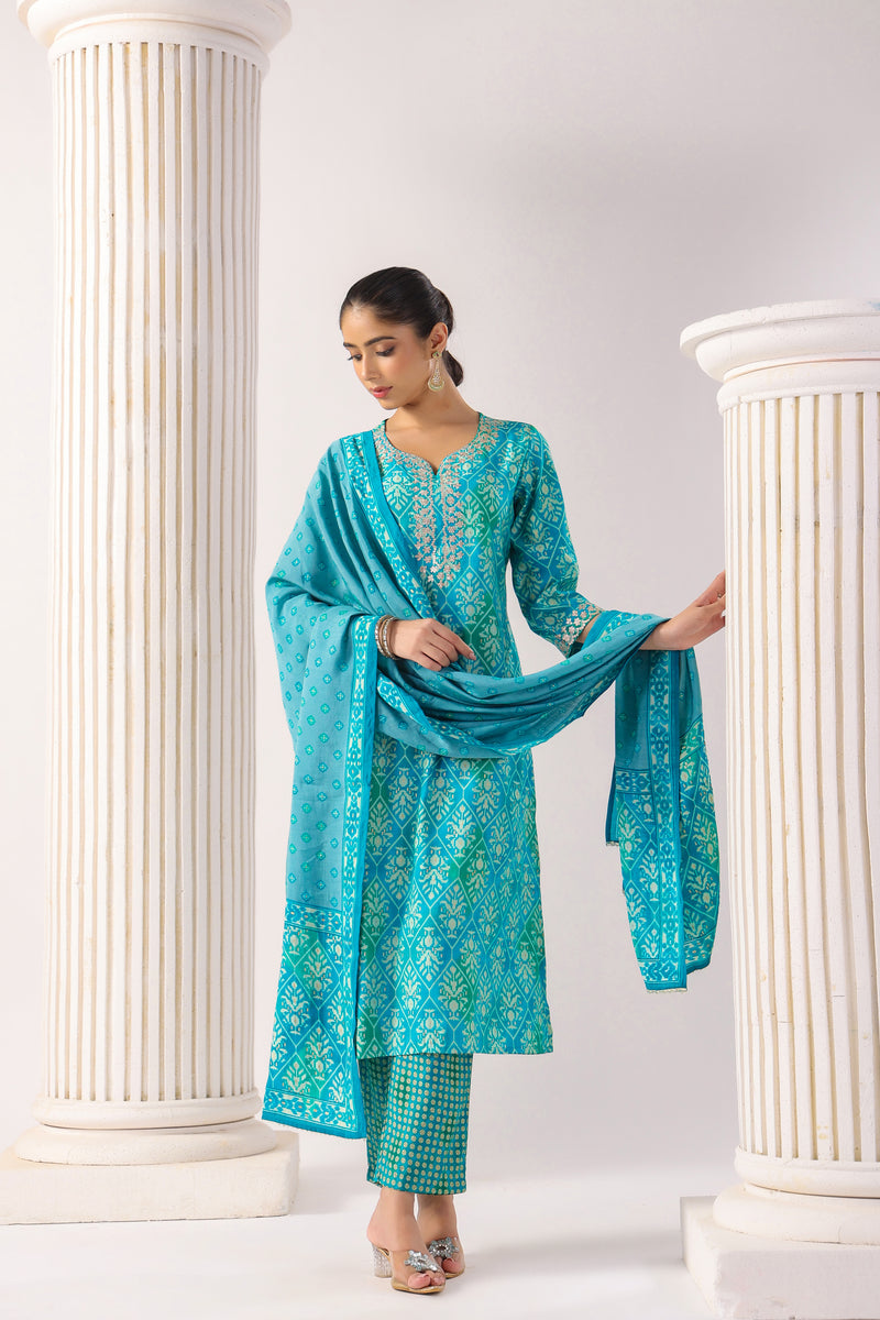 Aashita  Blue Modal Chanderi  3 piece set