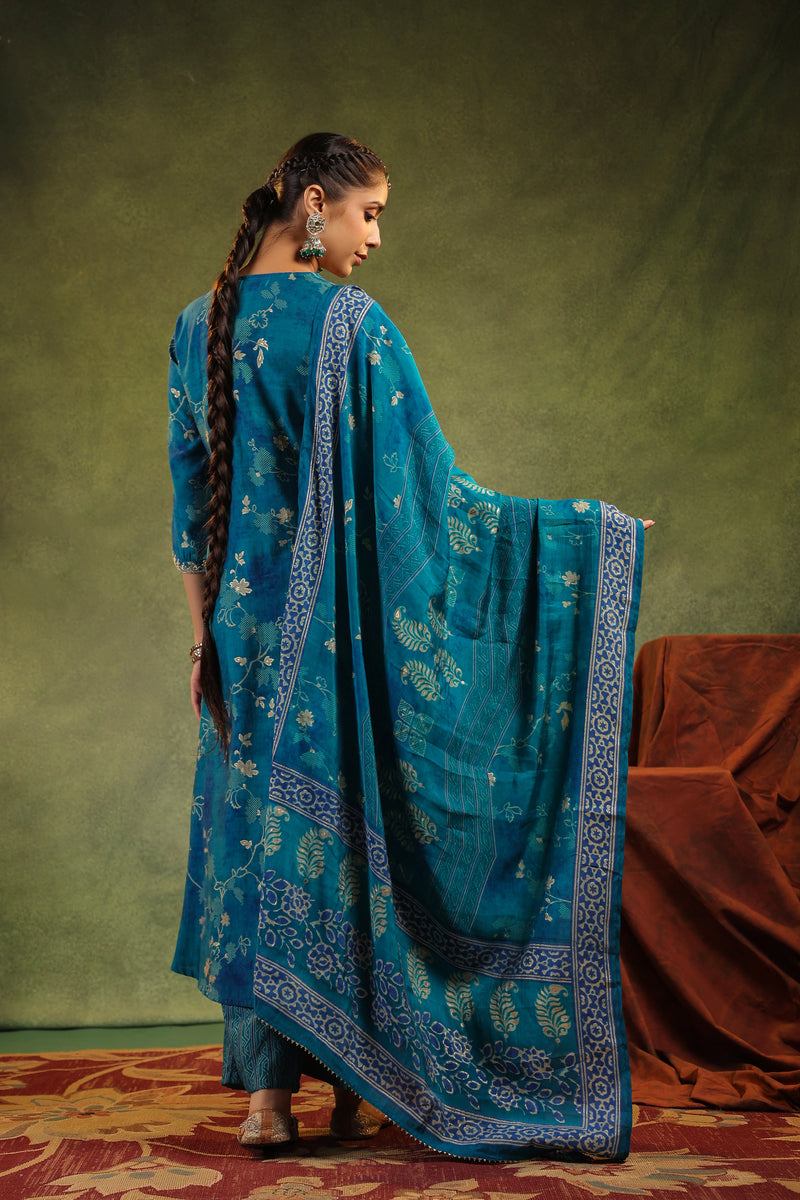 Yamini Teal Modal Chanderi 3 Piece Suit Set