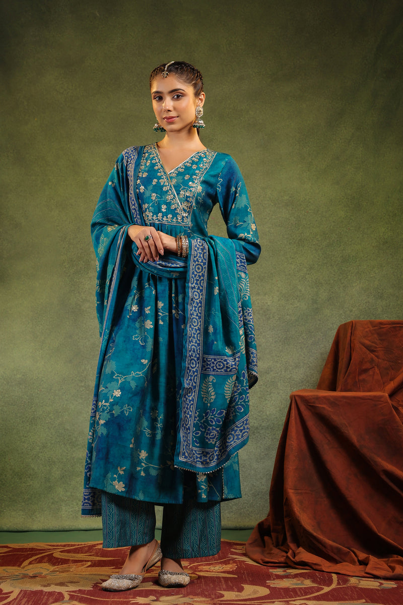 Yamini Teal Modal Chanderi 3 Piece Suit Set