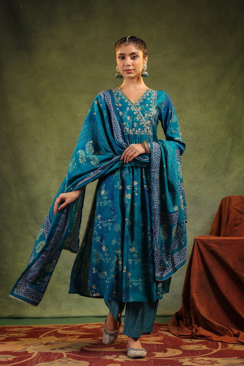 Yamini Teal Modal Chanderi 3 Piece Suit Set