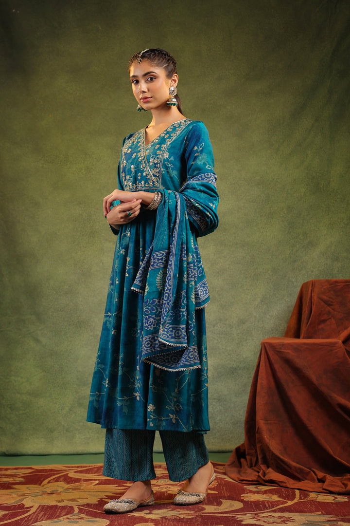 Yamini Teal Modal Chanderi 3 Piece Suit Set