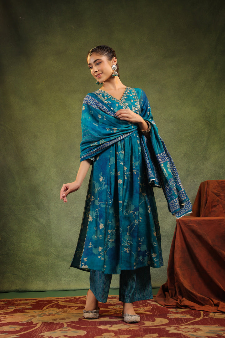 Yamini Teal Modal Chanderi 3 Piece Suit Set