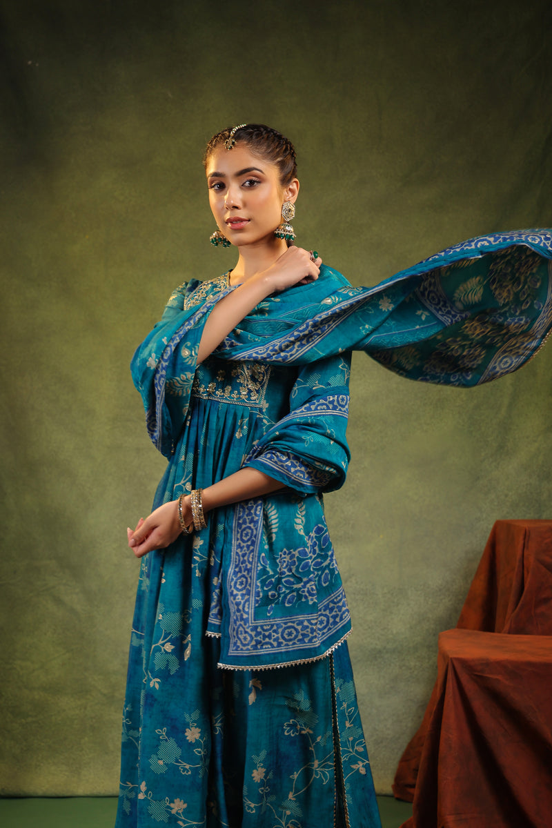 Yamini Teal Modal Chanderi 3 Piece Suit Set