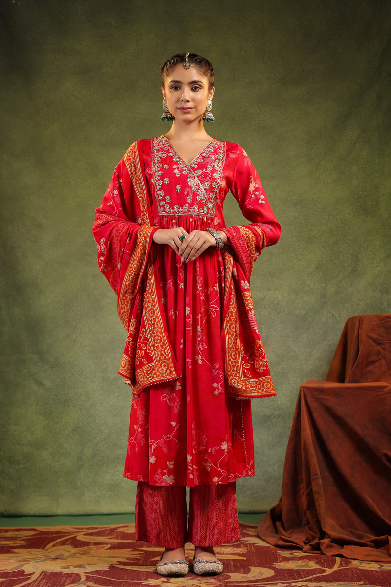 Kiran Red Modal Chanderi 3 Piece Suit Set