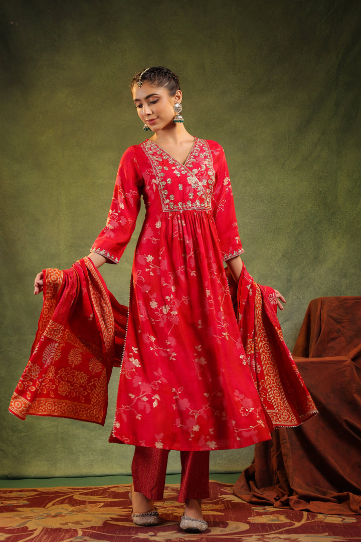 Kiran Red Modal Chanderi 3 Piece Suit Set