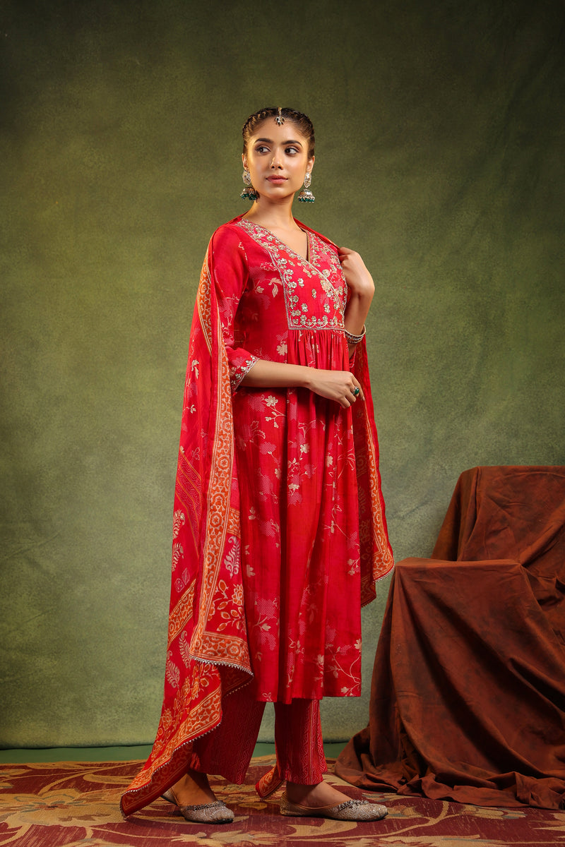 Kiran Red Modal Chanderi 3 Piece Suit Set