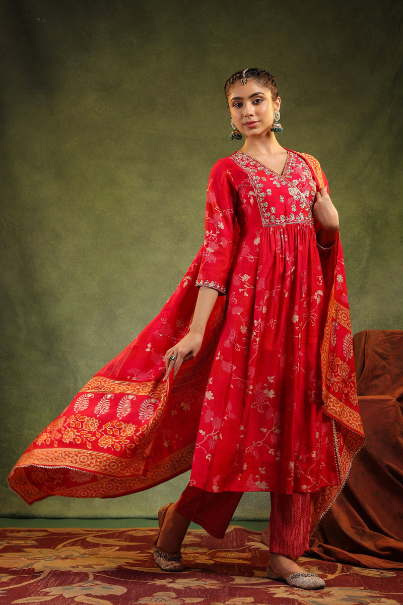 Kiran Red Modal Chanderi 3 Piece Suit Set