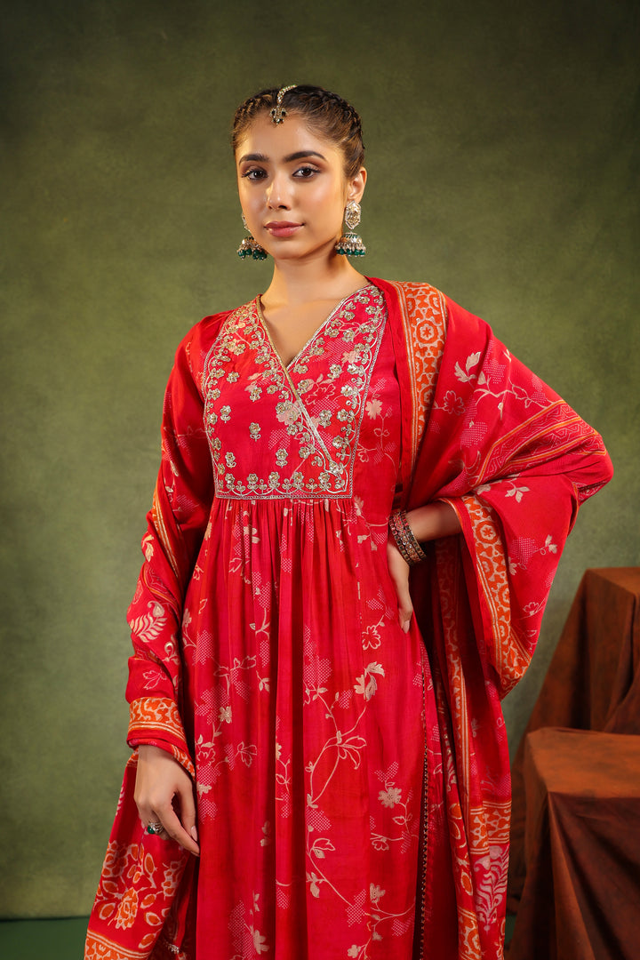 Kiran Red Modal Chanderi 3 Piece Suit Set