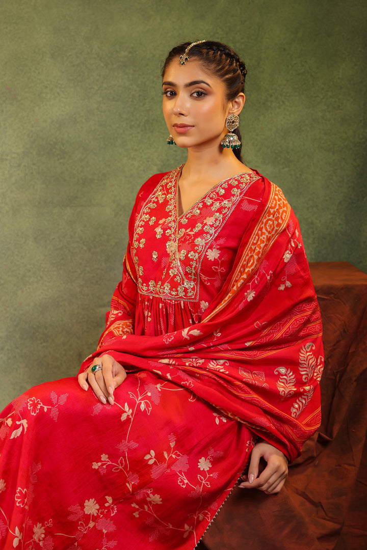 Kiran Red Modal Chanderi 3 Piece Suit Set