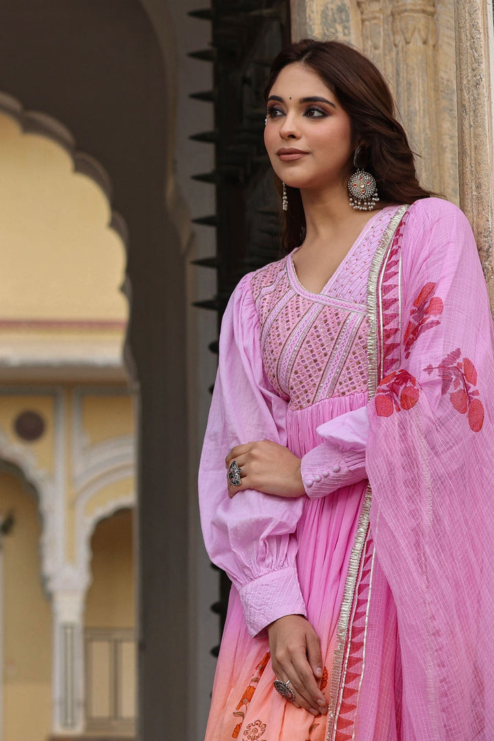 Falak Pink & Orange Ombre Block Printed Flared Long Kurta With Pant And Dupatta