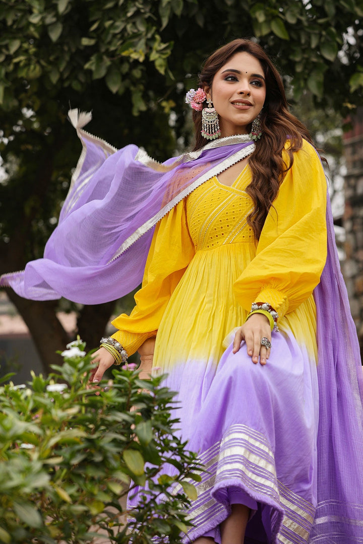 Ashmi Yellow Lavender Ombre Long Flared Gota Lace Kurta With Pant & Dupatta