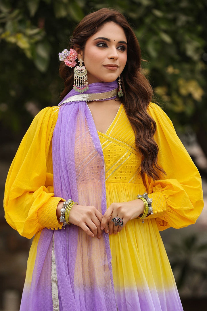 Ashmi Yellow Lavender Ombre Long Flared Gota Lace Kurta With Pant & Dupatta