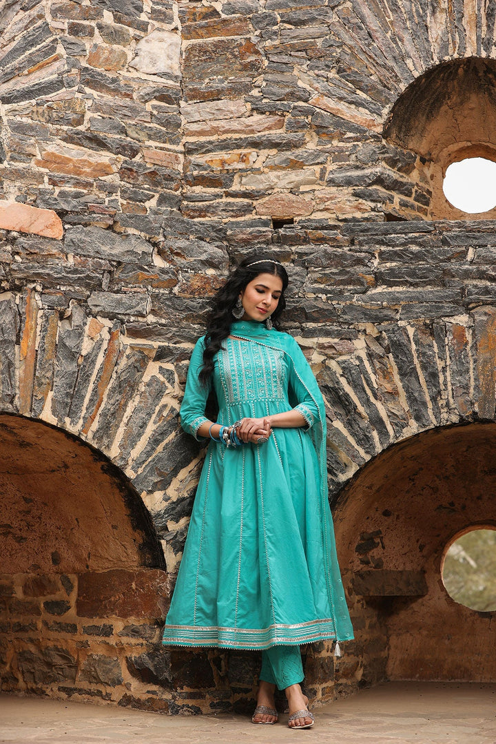 Deewani Green  Anarkali Gota Lace Kurta With Pant And Dupatta