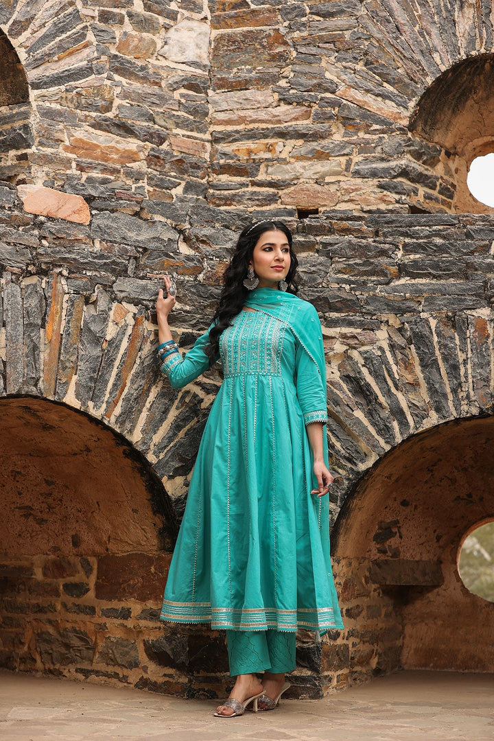 Deewani Green  Anarkali Gota Lace Kurta With Pant And Dupatta