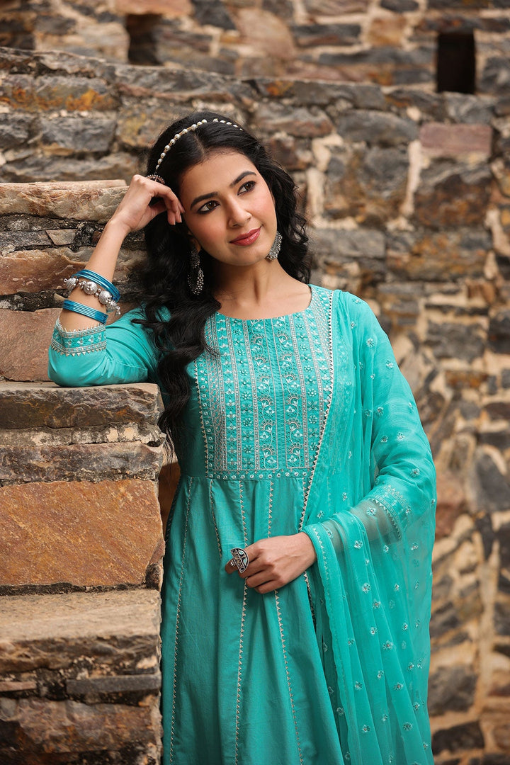 Deewani Green  Anarkali Gota Lace Kurta With Pant And Dupatta