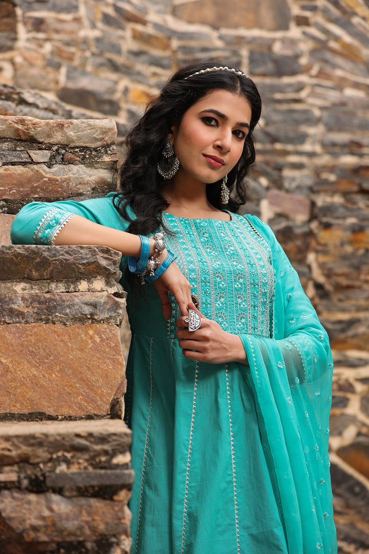 Deewani Green  Anarkali Gota Lace Kurta With Pant And Dupatta