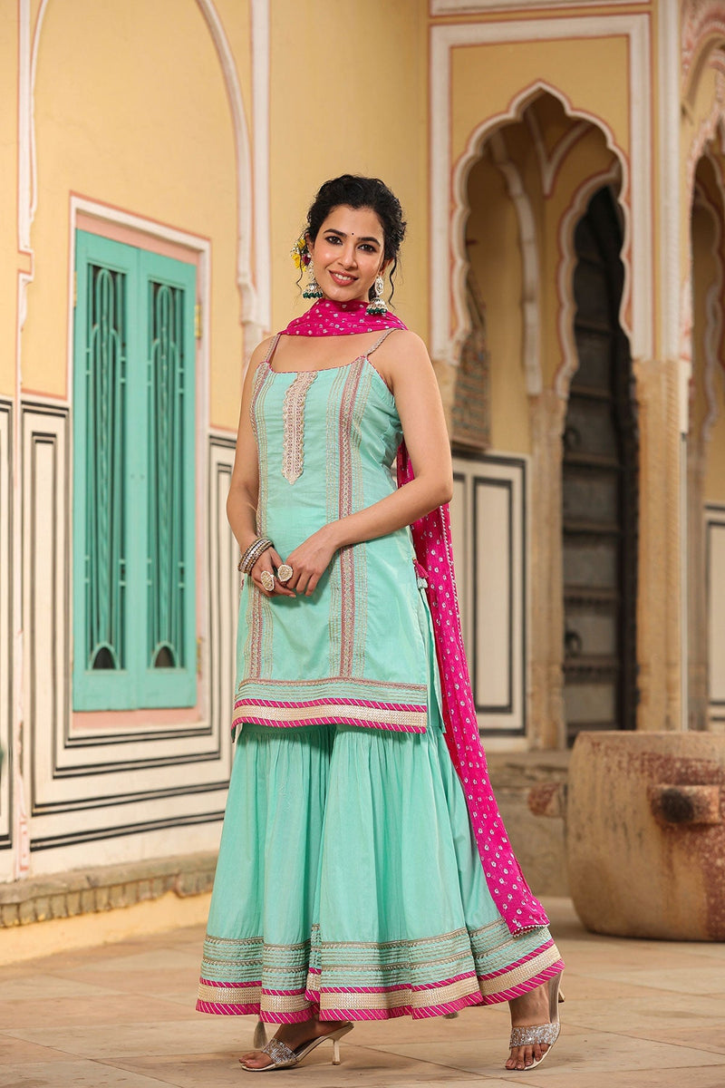Aarika Sharara Contrasting Strappy  Lace Suit Kurta With  Sharara And Dupatta