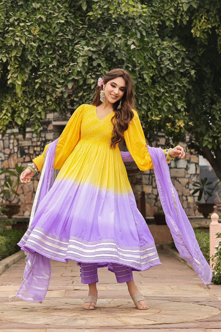 Ashmi Yellow Lavender Ombre Long Flared Gota Lace Kurta With Pant & Dupatta