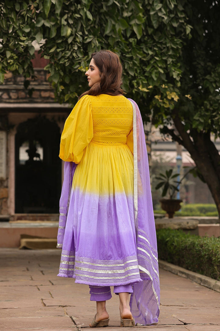 Ashmi Yellow Lavender Ombre Long Flared Gota Lace Kurta With Pant & Dupatta