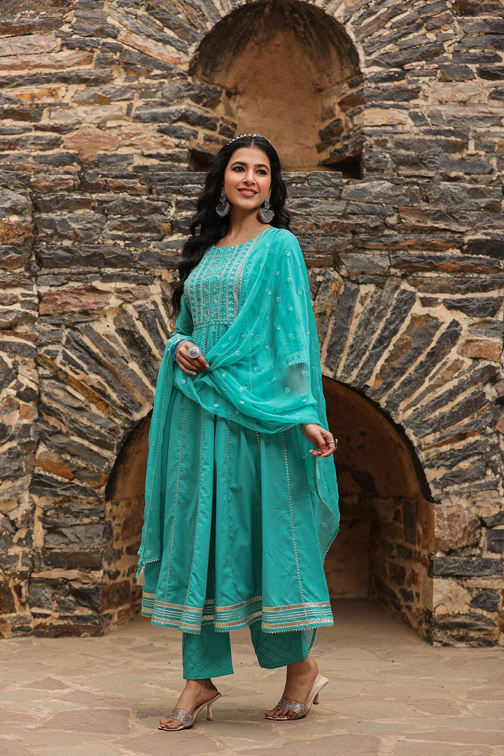 Deewani Green  Anarkali Gota Lace Kurta With Pant And Dupatta