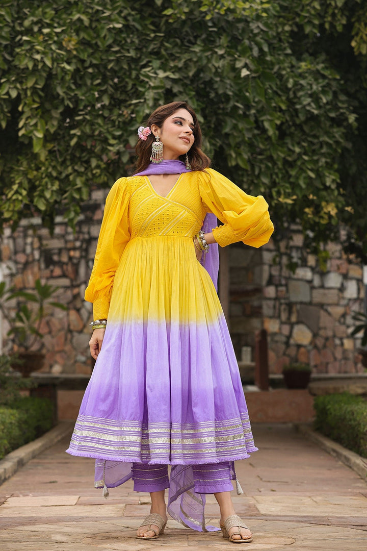 Ashmi Yellow Lavender Ombre Long Flared Gota Lace Kurta With Pant & Dupatta