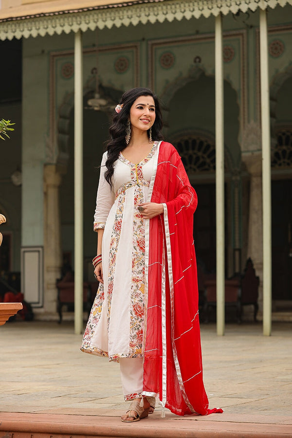 Eira White Alia Cut Paneled Long Flared Kurta With Pant And Dupatta