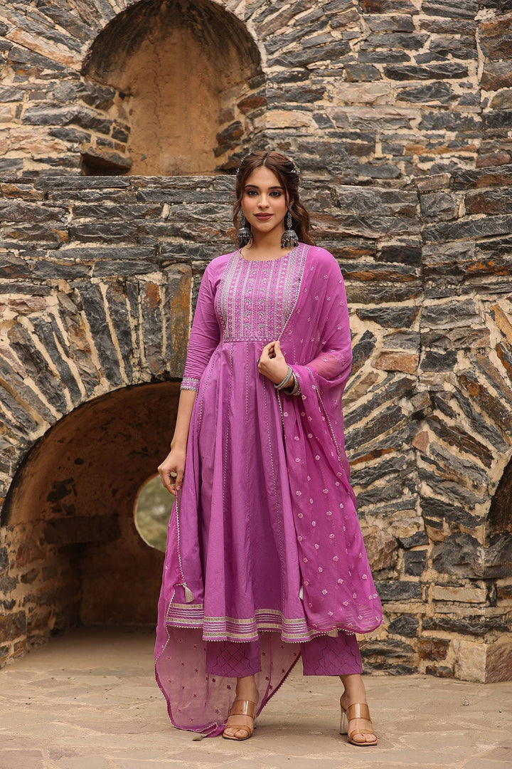 Shehzadi Purple Anarkali Gota Lace Kurta With Pant And Dupatta