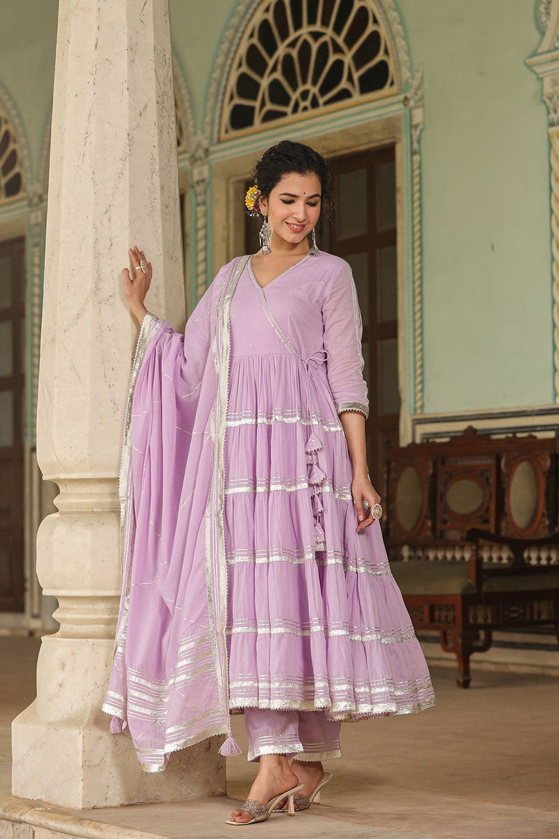 Qayamat Lavender Tiered Angrakha Gota Lace Kurta With Pant And Dupatta