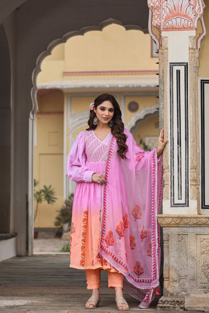 Falak Pink & Orange Ombre Block Printed Flared Long Kurta With Pant And Dupatta