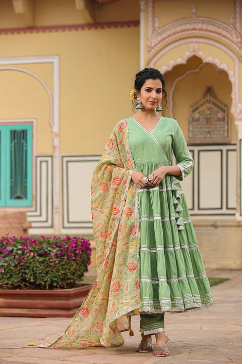 Zara Angrakha Solid Tiered Suit Set With Pant And Dupatta EverBloom