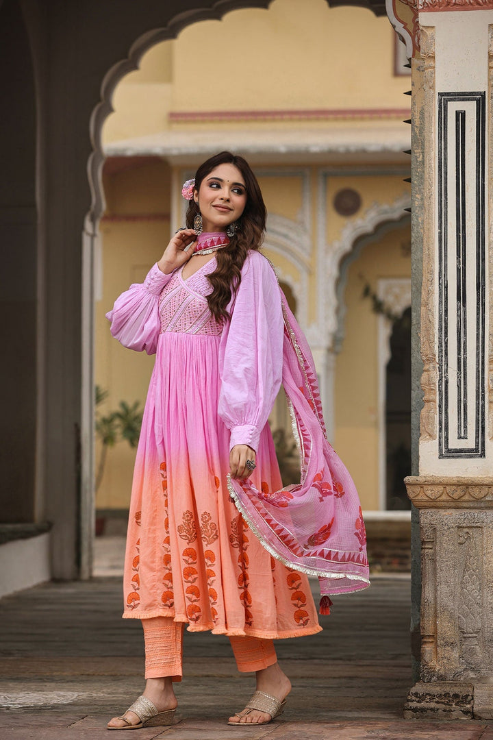 Falak Pink & Orange Ombre Block Printed Flared Long Kurta With Pant And Dupatta