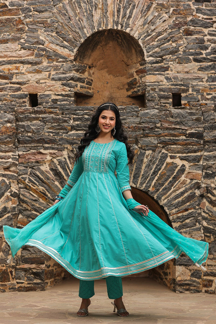 Deewani Green  Anarkali Gota Lace Kurta With Pant And Dupatta