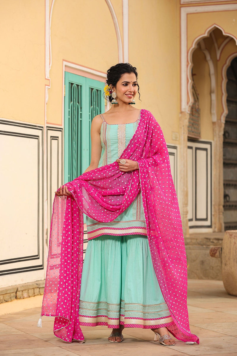 Aarika Sharara Contrasting Strappy  Lace Suit Kurta With  Sharara And Dupatta
