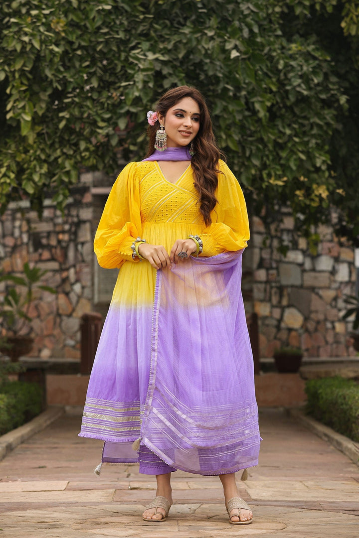 Ashmi Yellow Lavender Ombre Long Flared Gota Lace Kurta With Pant & Dupatta