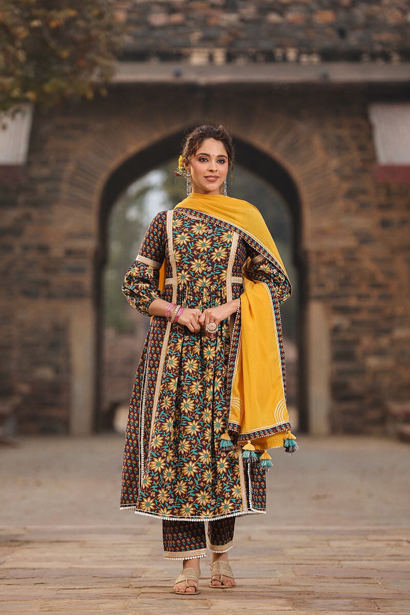 Veeda Brown  Floral High Slit Suit With Pant And Dupatta
